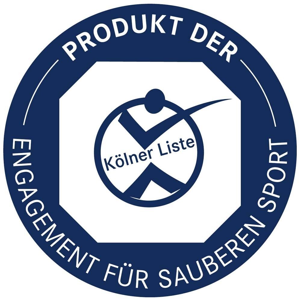 Blaues Logo der Kölner Liste, ein Siegel für sauberen Sport. Text: Produkt der Engagement für sauberen Sport.