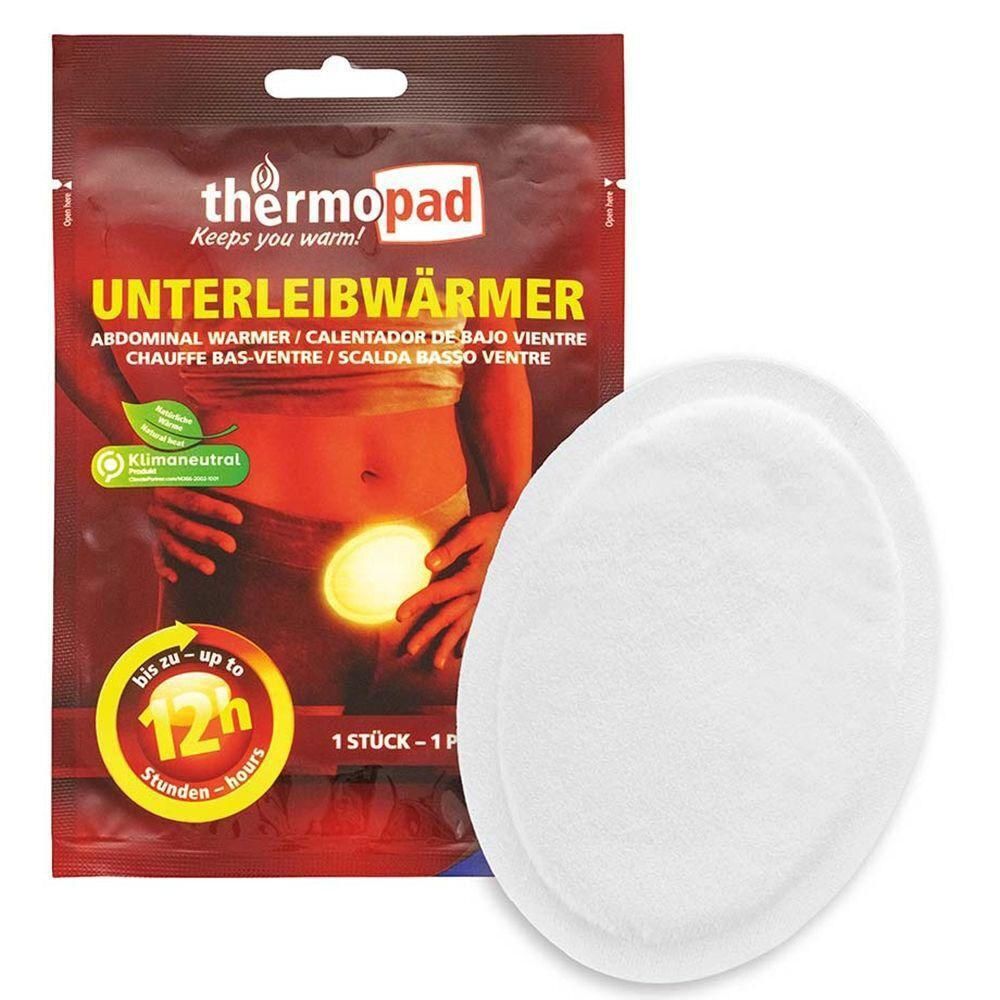 Verpackung mit zwei weißen, ovalen Wärmepads. Auf der Verpackung steht "thermopad UNTERLEIBWÄRMER".