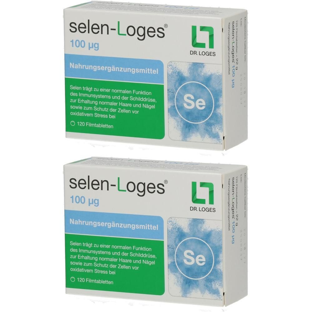 Zwei Schachteln Selen-Loges. Aufschrift: 100 µg, Nahrungsergänzungsmittel. Logo: DR. LOGES. Enthält 120 Filmtabletten. Mit dem Symbol Se.