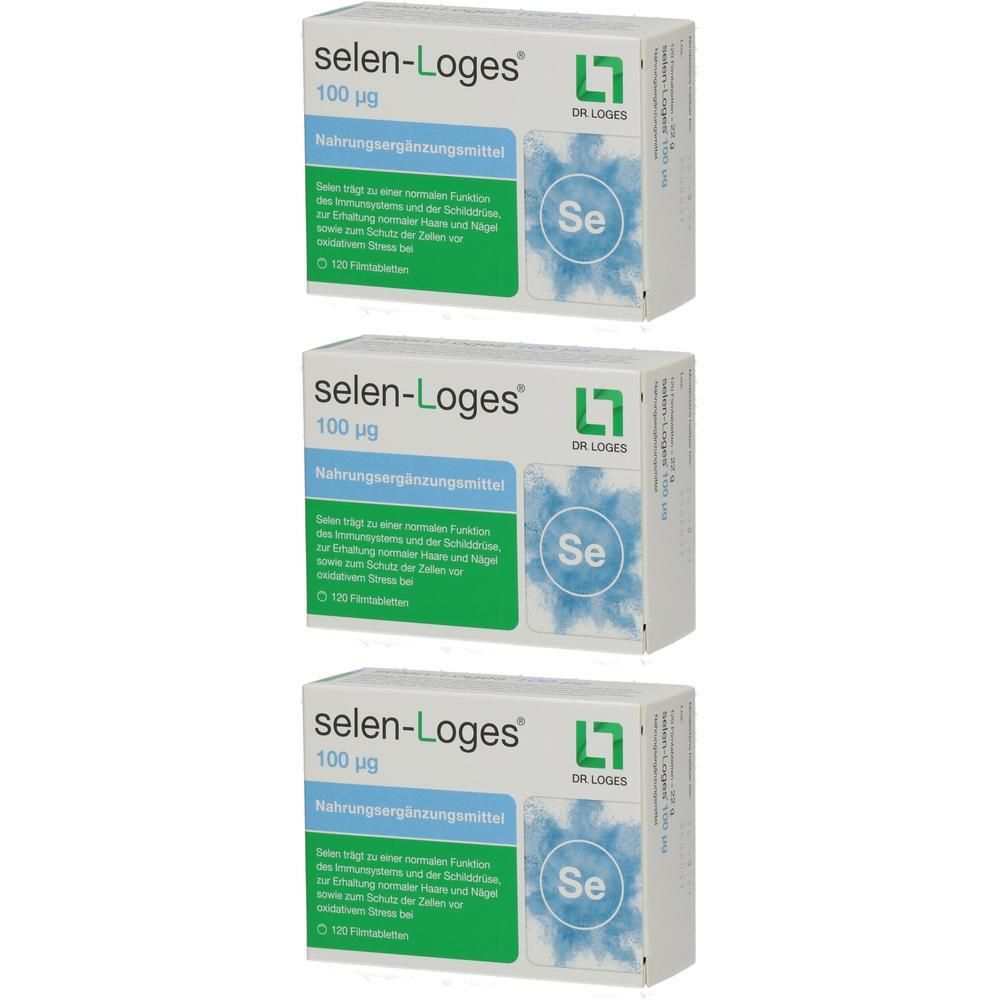 Drei Schachteln mit der Aufschrift "selen-Loges 100 µg Nahrungsergänzungsmittel". Jede Schachtel zeigt das Logo "Se".