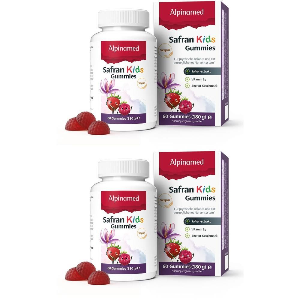 Zwei weiße Flaschen und zwei Schachteln mit Alpinamed Safran Kids Gummies. Auf jeder Flasche und Schachtel steht der Produktname und die Inhaltsstoffe.