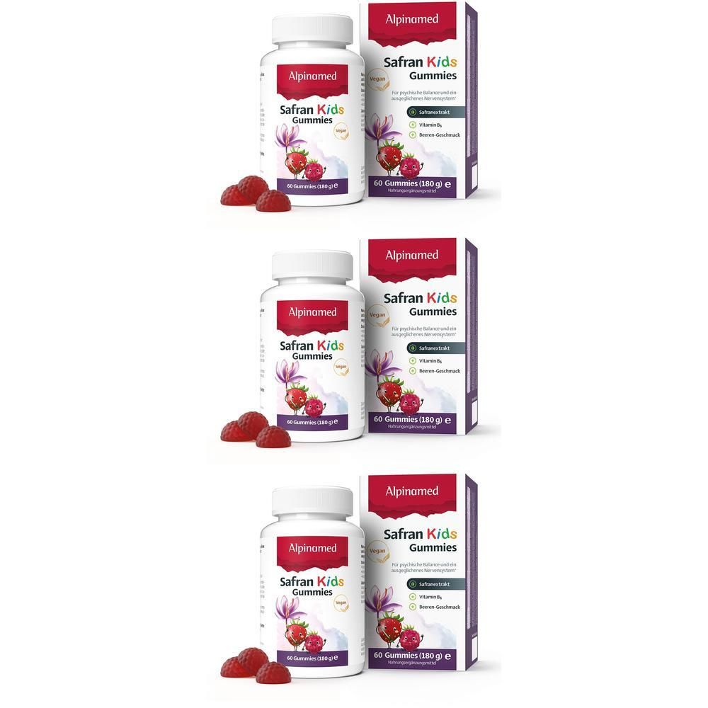 Alpinamed Safran Kids Gummies: Flasche und Karton mit 60 Gummis. Beeren-Geschmack.