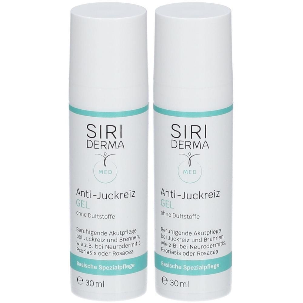 Zwei weiße Flaschen SIRI DERMA Anti-Juckreiz Gel. Aufschrift: Anti-Juckreiz Gel, ohne Duftstoffe, Basische Spezialpflege, e 30 ml.