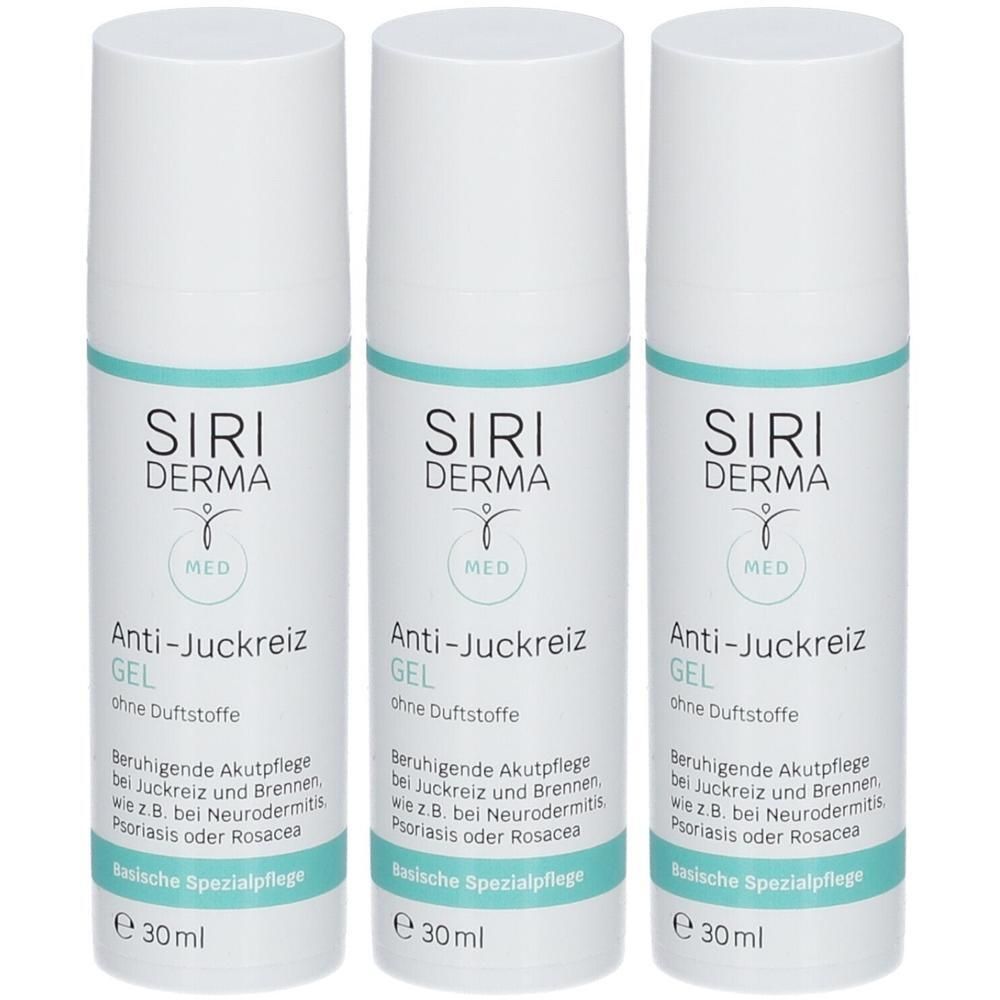 Drei weiße Flaschen mit türkisfarbenen Akzenten. Aufschrift: SIRI DERMA Anti-Juckreiz GEL. Ohne Duftstoffe. Basische Spezialpflege.