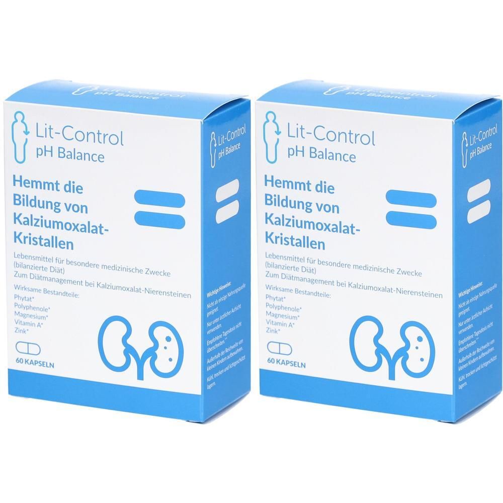 Zwei rechteckige Schachteln mit der Aufschrift Lit-Control pH Balance. Aufdruck: Hemmt die Bildung von Kalziumoxalat-Kristallen. 40 Kapseln.