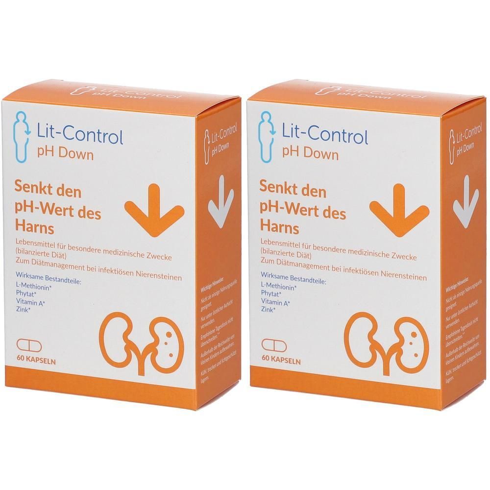 Zwei orangefarbene Kartons mit der Aufschrift "Lit-Control pH Down". Text: "Senkt den pH-Wert des Harns". Abbildung von Nieren.