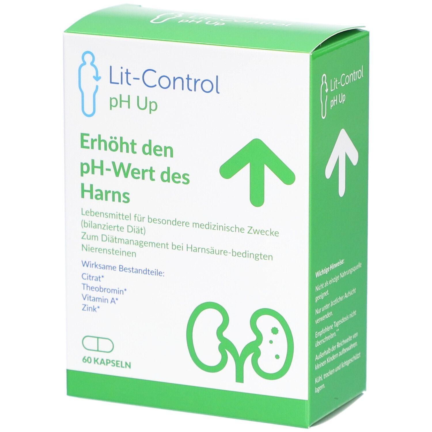 Grüne Schachtel mit Produktnamen Lit-Control pH Up. Enthält Kapseln. Aufdrucke: Erhöht den pH-Wert des Harns, 60 Kapseln, Nieren-Symbol.