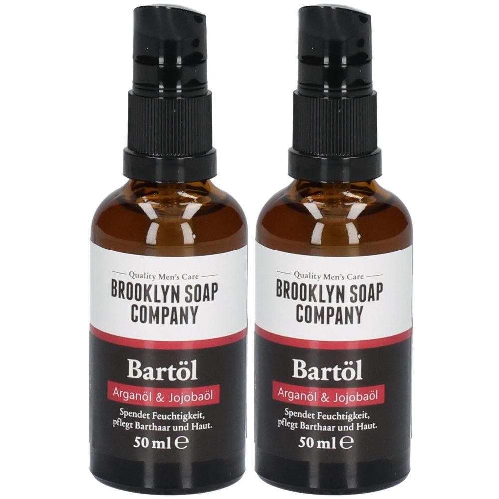 Zwei Flaschen Bartöl von Brooklyn Soap Company mit Arganöl & Jojobaöl, je 50 ml.