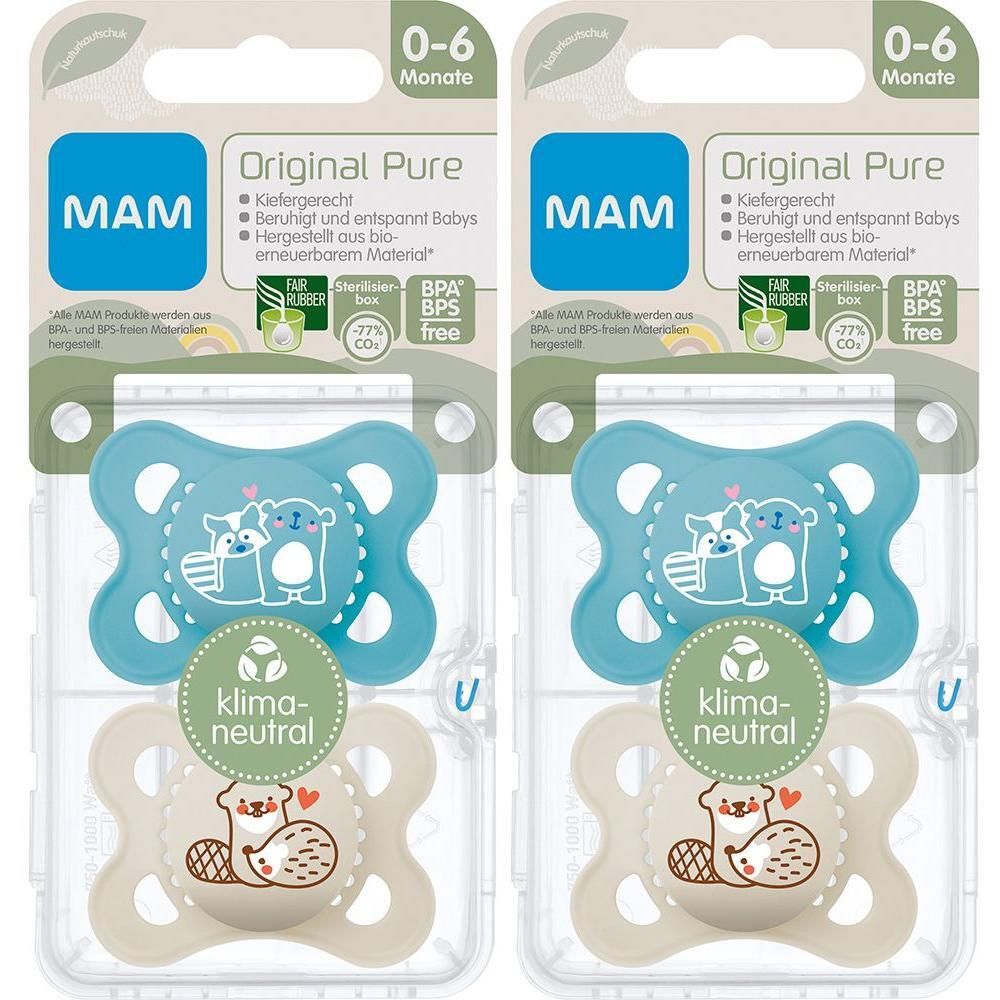 Zwei MAM Original Pure Silikonschnuller in Verpackung. Oben blau, unten beige. Aufdruck: Tiere. Verpackung mit Logo und Text.