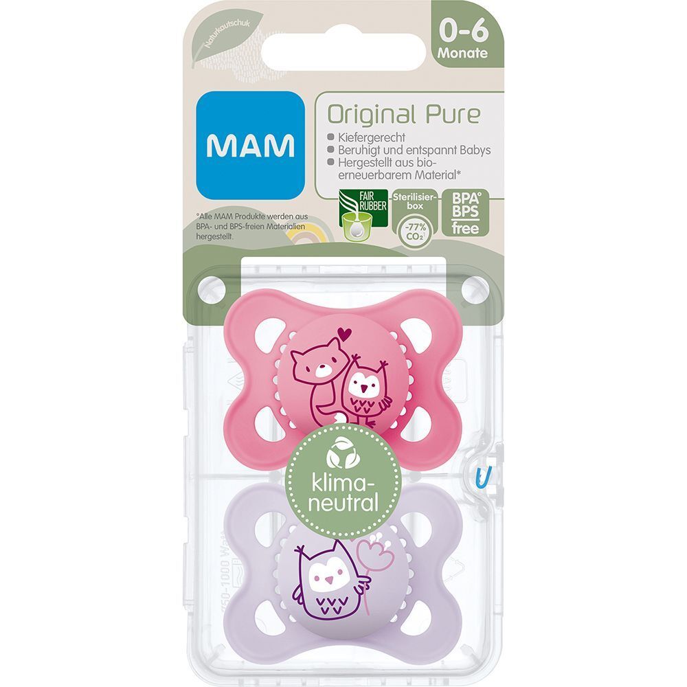MAM Original Pure Silikonschnuller in Verpackung. Oben rosa, unten lila. Aufdruck: Eule. Verpackung mit Logo und Text.