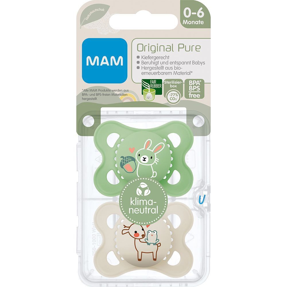MAM Original Pure Silikonschnuller in Verpackung. Oben grün, unten beige. Aufdruck: Hase. Verpackung mit Logo und Text.