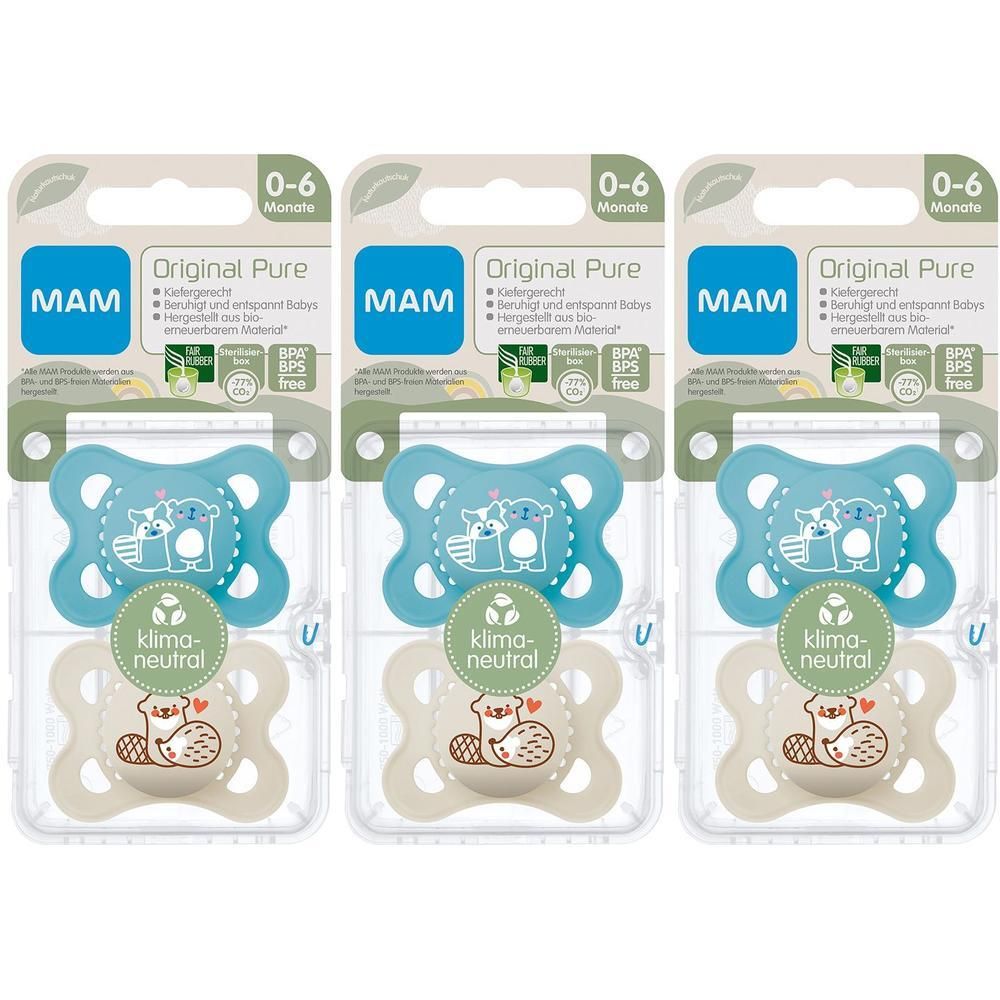 Drei MAM Original Pure Silikonschnuller in Verpackung. Blau und beige, mit Tier-Motiven. Verpackung mit Logo und Produktinformationen.