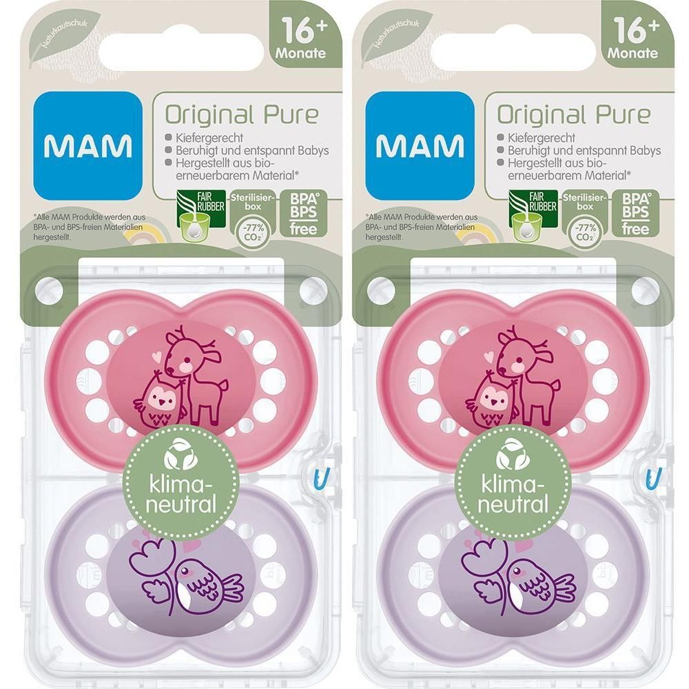 Zwei MAM Original Pure Schnuller, 16+ Monate, in Rosa und Lila mit Tiermotiven.