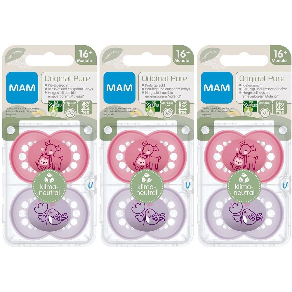 Drei MAM Original Pure Schnuller (16+ Monate) in Rosa und Lila mit Tiermotiven, im Blister.