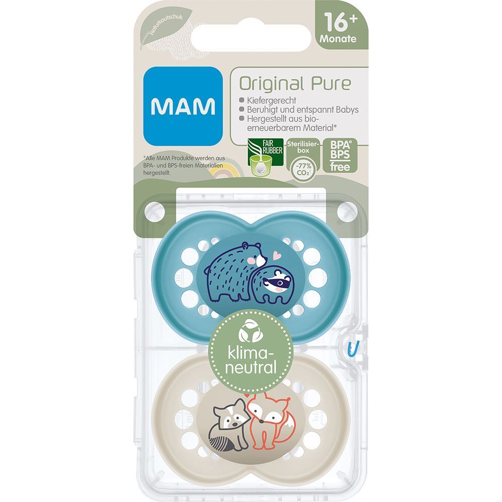 Zwei MAM Original Pure Schnuller (16+ Monate) in Blau und Beige mit Bären- und Fuchs-Motiven, im Blister.