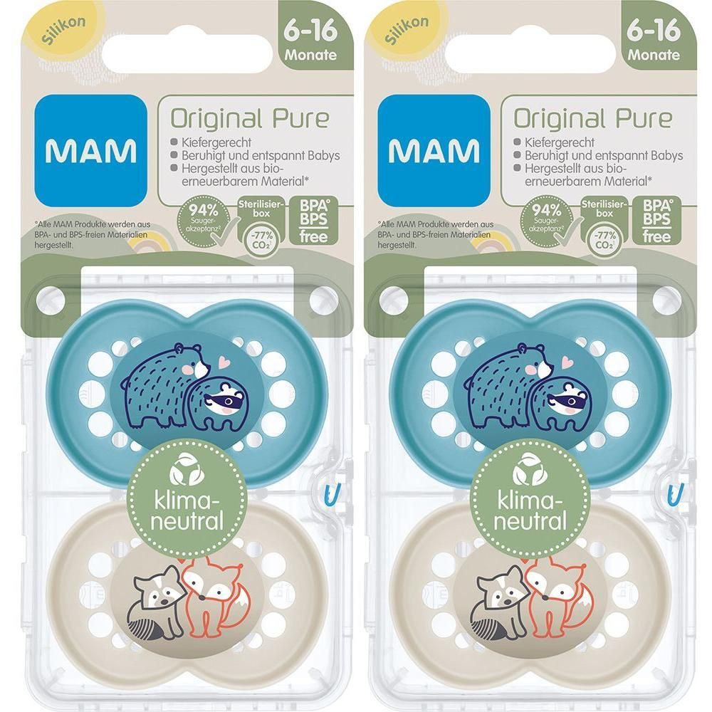 Zwei MAM Original Pure Silikonschnuller in Verpackung. Blau und beige, mit Tier-Motiven. Altersempfehlung: 6-16 Monate. BPA-frei.