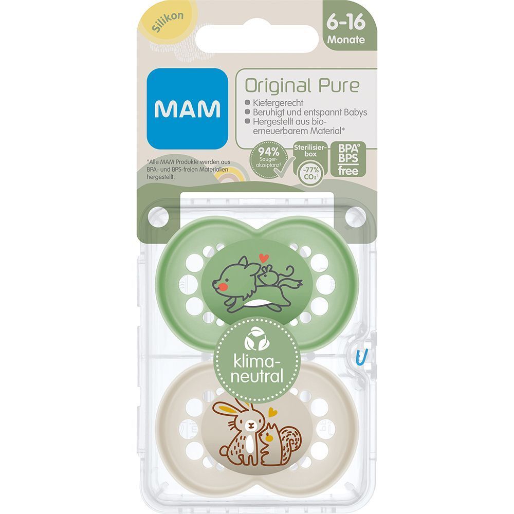 MAM Original Pure Silikonschnuller in Verpackung. Grün und beige, mit Tier-Motiven. Altersempfehlung: 6-16 Monate. BPA-frei.