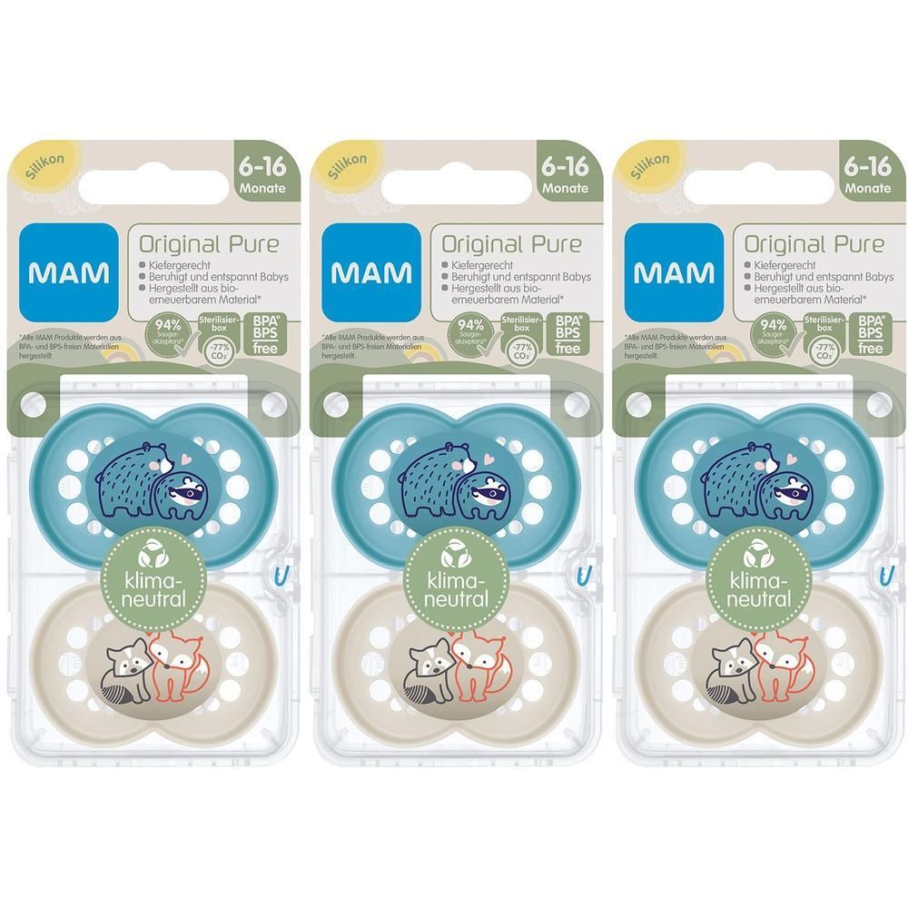 Drei MAM Original Pure Schnuller in Verpackung. Blau und beige. Silikon, 6-16 Monate. Klima-neutral. BPA/BPS-frei.
