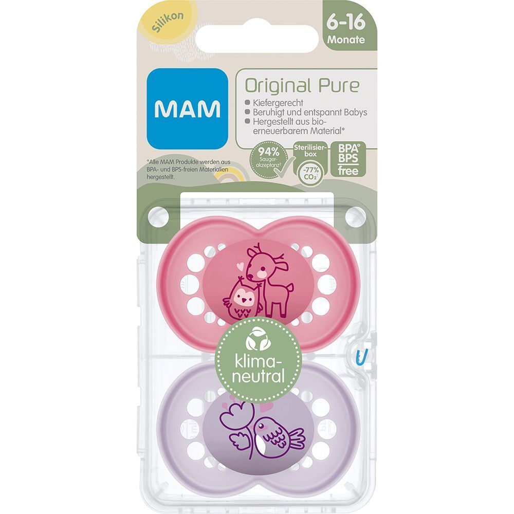 MAM Original Pure Schnuller in Verpackung. Rosa und lila. Silikon, 6-16 Monate. Klima-neutral. BPA/BPS-frei.