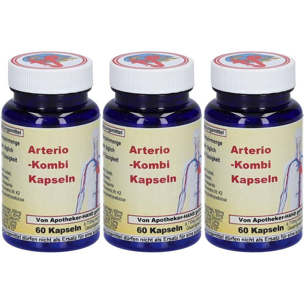 Drei blaue Pillendosen mit weißem Deckel. Auf jeder Dose steht "Arterio-Kombi Kapseln". Aufschrift: "60 Kapseln".