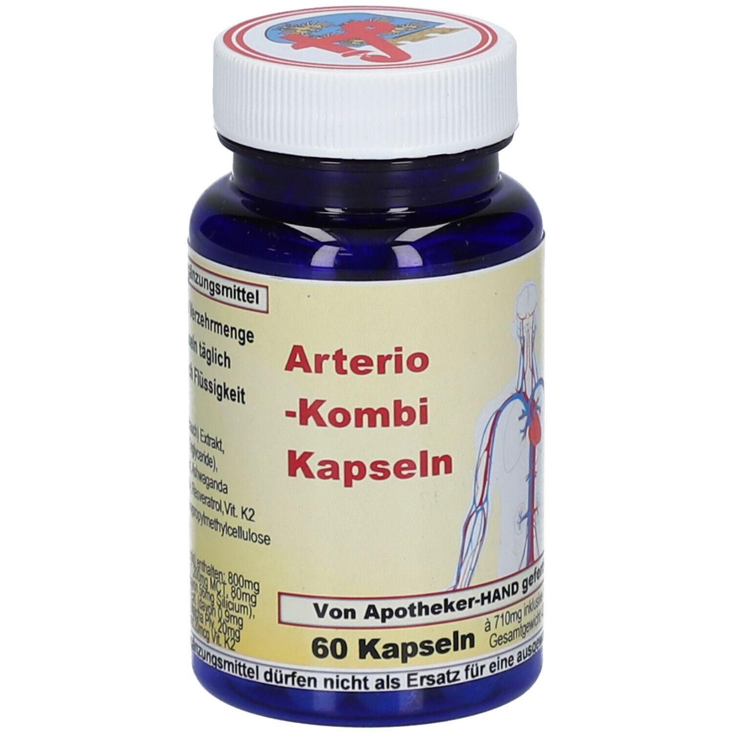 Blaue Flasche mit weißem Deckel. Aufschrift: Arterio-Kombi Kapseln. 60 Kapseln. Illustration des menschlichen Kreislaufsystems.