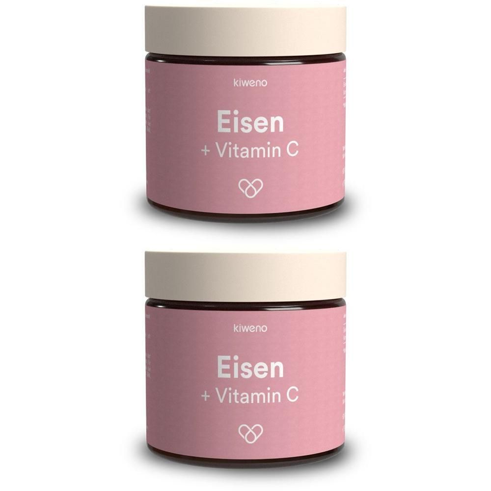 Zwei rosa Dosen mit weißem Deckel. Aufschrift: Eisen + Vitamin C. Marke: kiweno. Herzsymbol.