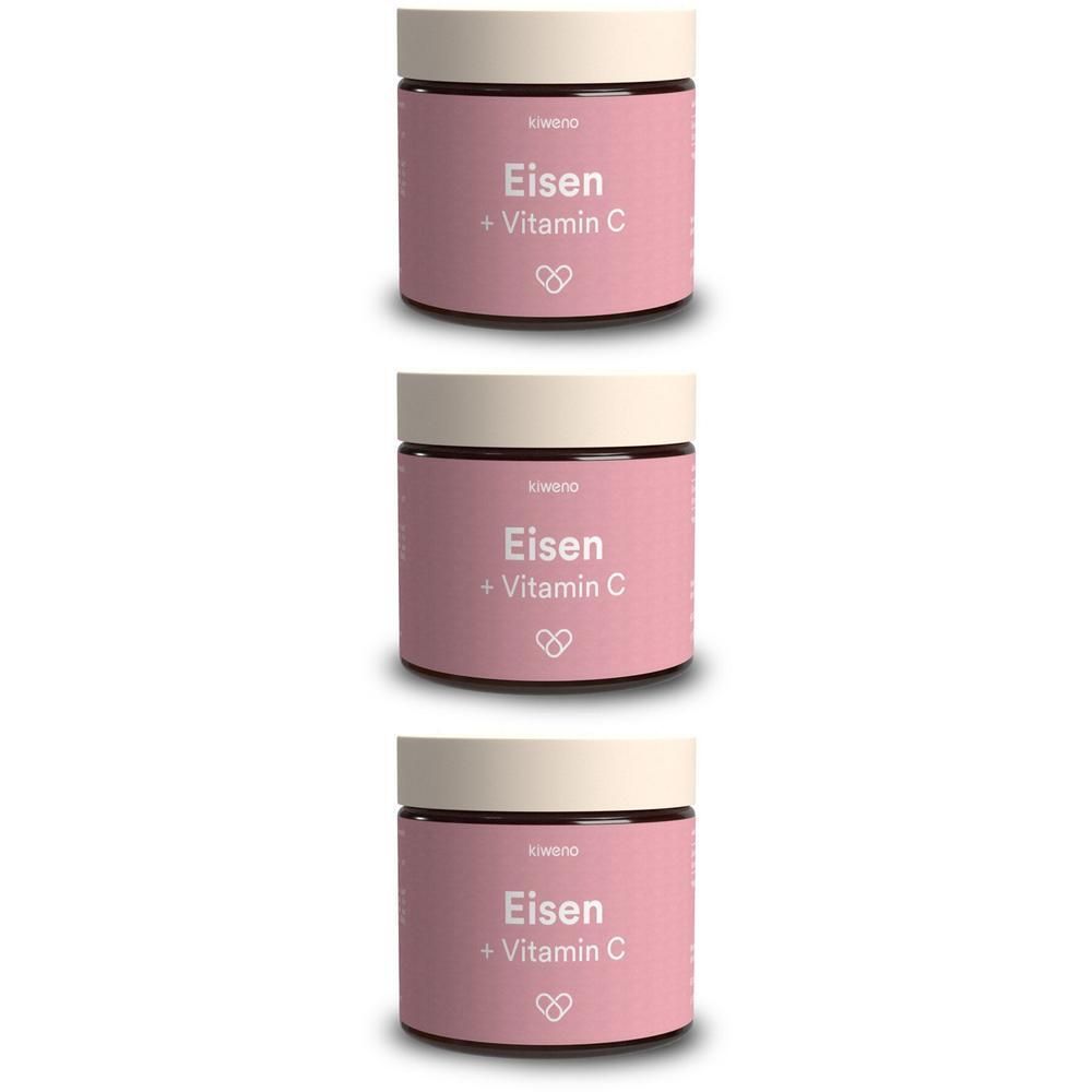 Drei rosa Dosen mit weißem Deckel. Aufschrift: Eisen + Vitamin C. Darunter ein Herzsymbol. Marke: kiweno.