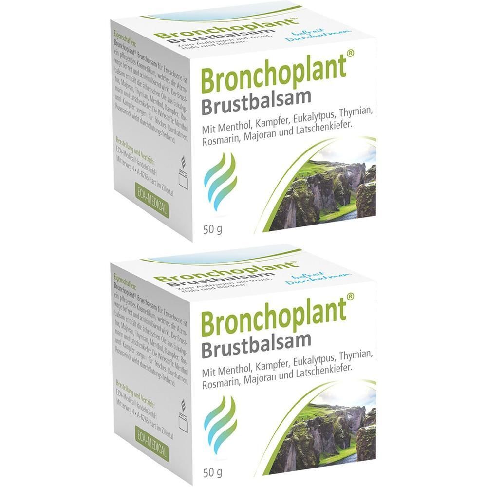 Zwei quadratische Kartons mit der Aufschrift "Bronchoplant Brustbalsam". Aufschrift mit Inhaltsstoffen und 50 g.