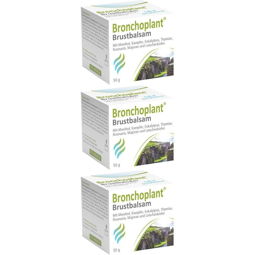 Drei Schachteln Bronchoplant Brustbalsam. Aufschrift: Mit Menthol, Kampfer, Eukalyptus, Thymian, Rosmarin, Majoran und Latschenkiefer. 50g.