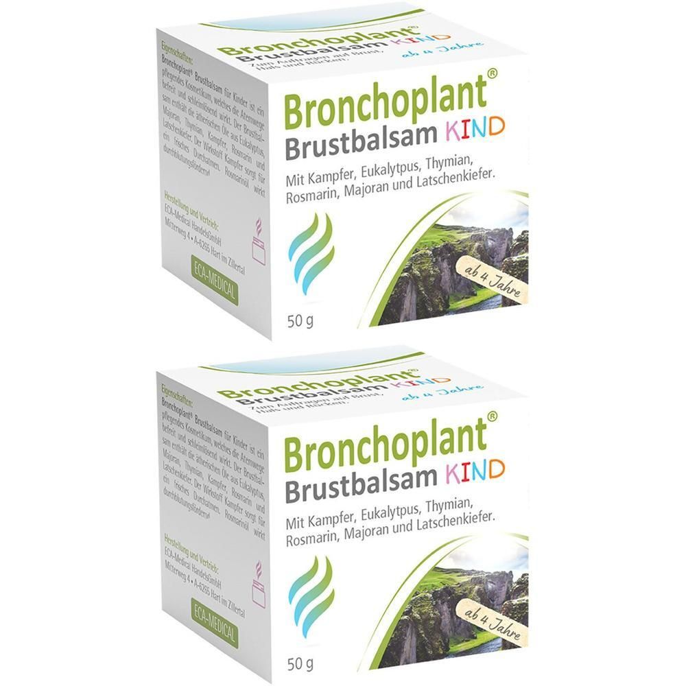Zwei weiße Kartons mit Produktaufdruck. Aufschrift: Bronchoplant Brustbalsam KIND. Mit Inhaltsstoffen. 50g. Ab 4 Jahren.
