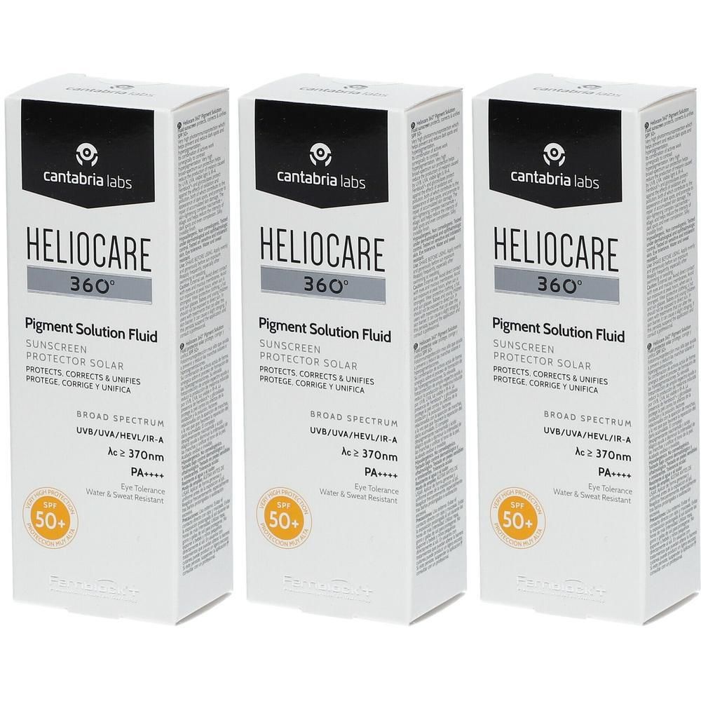 Drei weiße Kartons mit Produktaufdruck. Aufschrift: HELIOCARE 360°, Pigment Solution Fluid, Sonnenschutz. Mit Lichtschutzfaktor 50+.