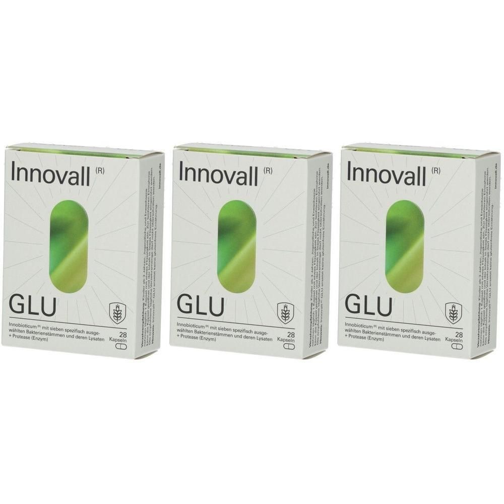 Drei Schachteln Innovall® GLU. Weiße Verpackung mit grünem Logo und Schriftzug. Enthält 28 Kapseln. Mit Qualitätszeichen.