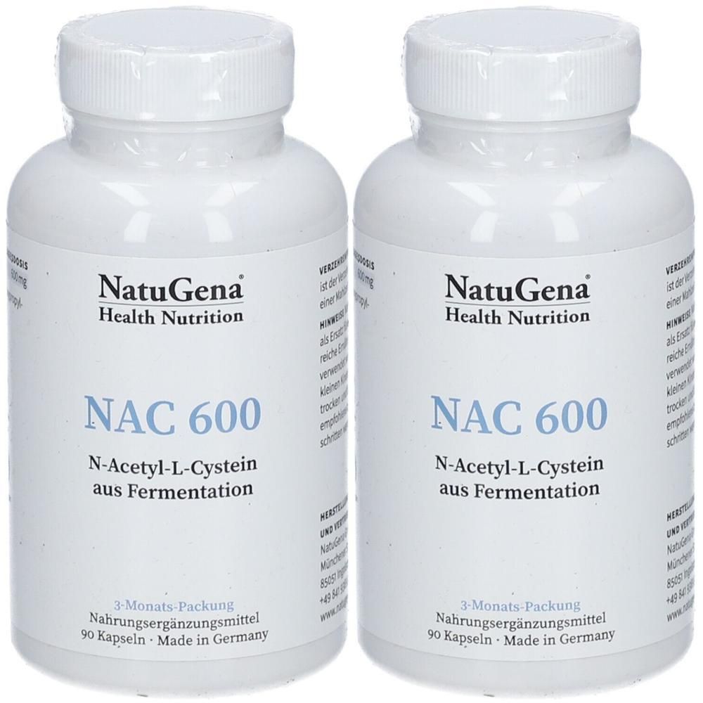 Zwei weiße Flaschen mit NAC 600 von NatuGena. Aufschrift: N-Acetyl-L-Cystein aus Fermentation. 3-Monats-Packung, 90 Kapseln, Made in Germany.