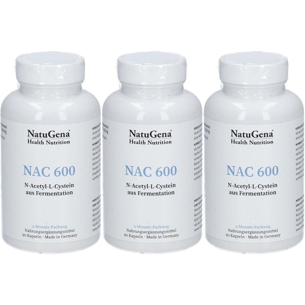 Drei weiße Flaschen mit Etiketten. Aufschrift: NatuGena Health Nutrition, NAC 600, N-Acetyl-L-Cystein aus Fermentation.