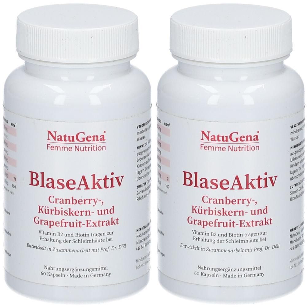 Zwei weiße Flaschen mit Schraubverschluss. Aufschrift: NatuGena BlaseAktiv. Enthält Cranberry-, Kürbiskern- und Grapefruit-Extrakt. Nahrungsergänzungsmittel.