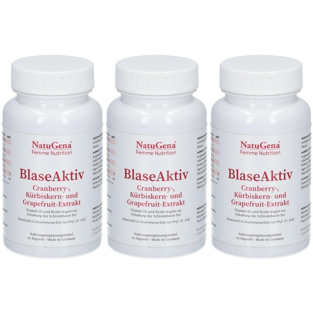 Drei weiße Flaschen mit Schraubverschluss. Auf jeder Flasche steht "NatuGena BlaseAktiv" und Inhaltsstoffe wie Cranberry.
