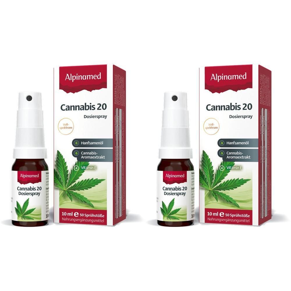 Zwei Sprays und Verpackungen. Aufschrift: Alpinamed Cannabis 20 Dosierspray, Hanfsamenöl, Cannabis-Aromaextrakt, Vitamin E.