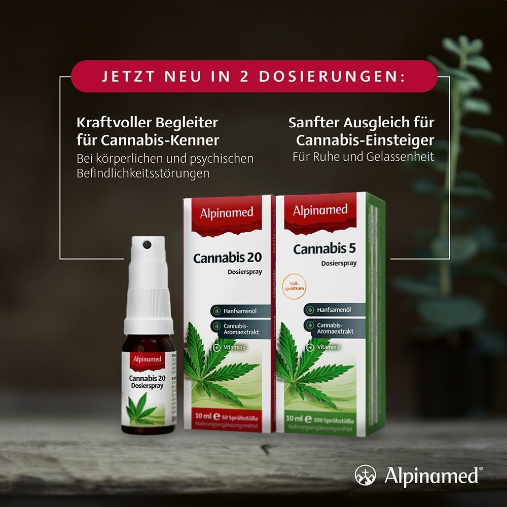 Spray und Verpackungen. Aufschrift: Alpinamed Cannabis 20 Dosierspray und Cannabis 5 Dosierspray. Hanfsamenöl, Cannabis-Aromaextrakt, Vitamin E.