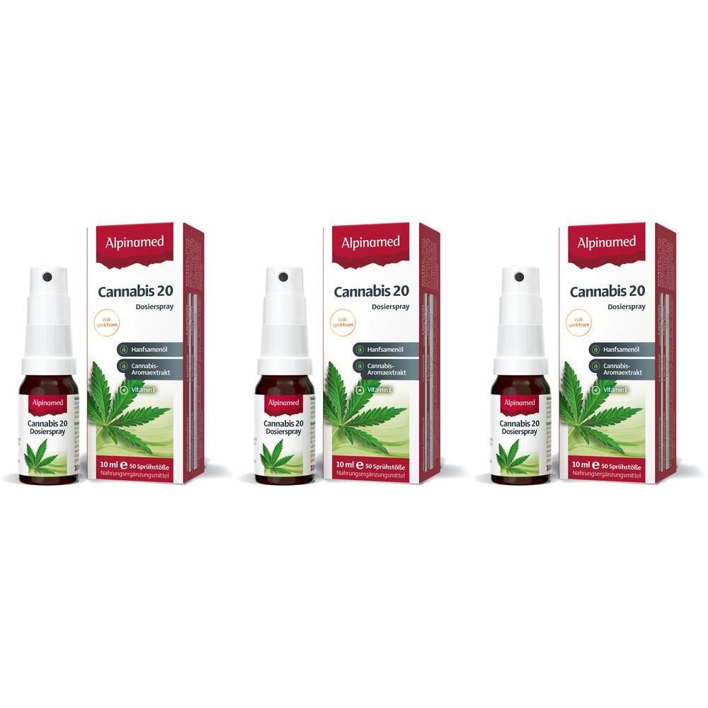 Drei Flaschen und Verpackungen. Aufschrift: Alpinamed Cannabis 20 Dosierspray. Grün-weißes Design mit Cannabisblatt.