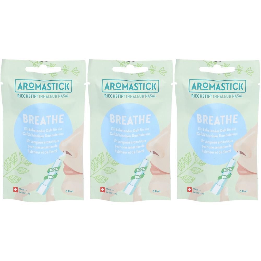 Drei grüne Beutel mit Nasen-Inhalatoren. Aufschrift: AROMASTICK BREATHE. Schweizer Kreuz. 0,8 ml.