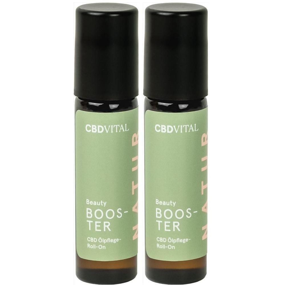 Zwei Roll-On-Flaschen mit schwarzem Deckel und grünen Etiketten. Aufschrift: CBDVITAL, Beauty Booster, CBD Ölpflege Roll-On.