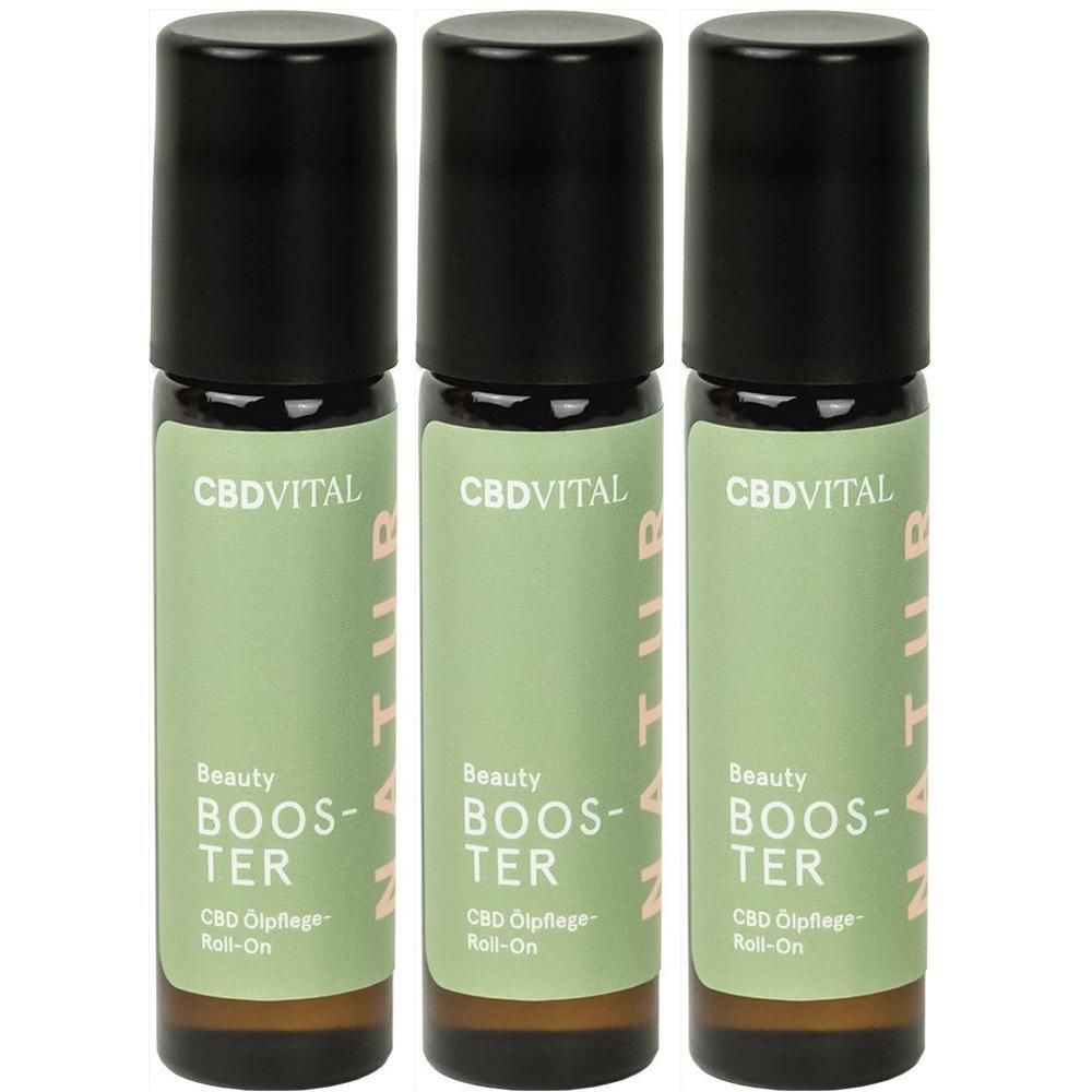 Drei Roll-On-Flaschen mit schwarzem Deckel. Aufschrift: CBDVITAL, Beauty Booster, CBD Ölpflege Roll-On. Grüne Etiketten.