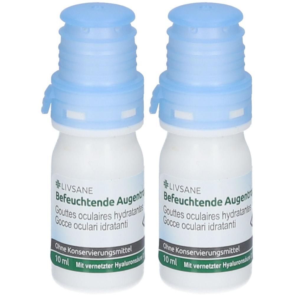 Zwei Fläschchen LIVSANE Befeuchtende Augentropfen, je 10 ml, ohne Konservierungsmittel.