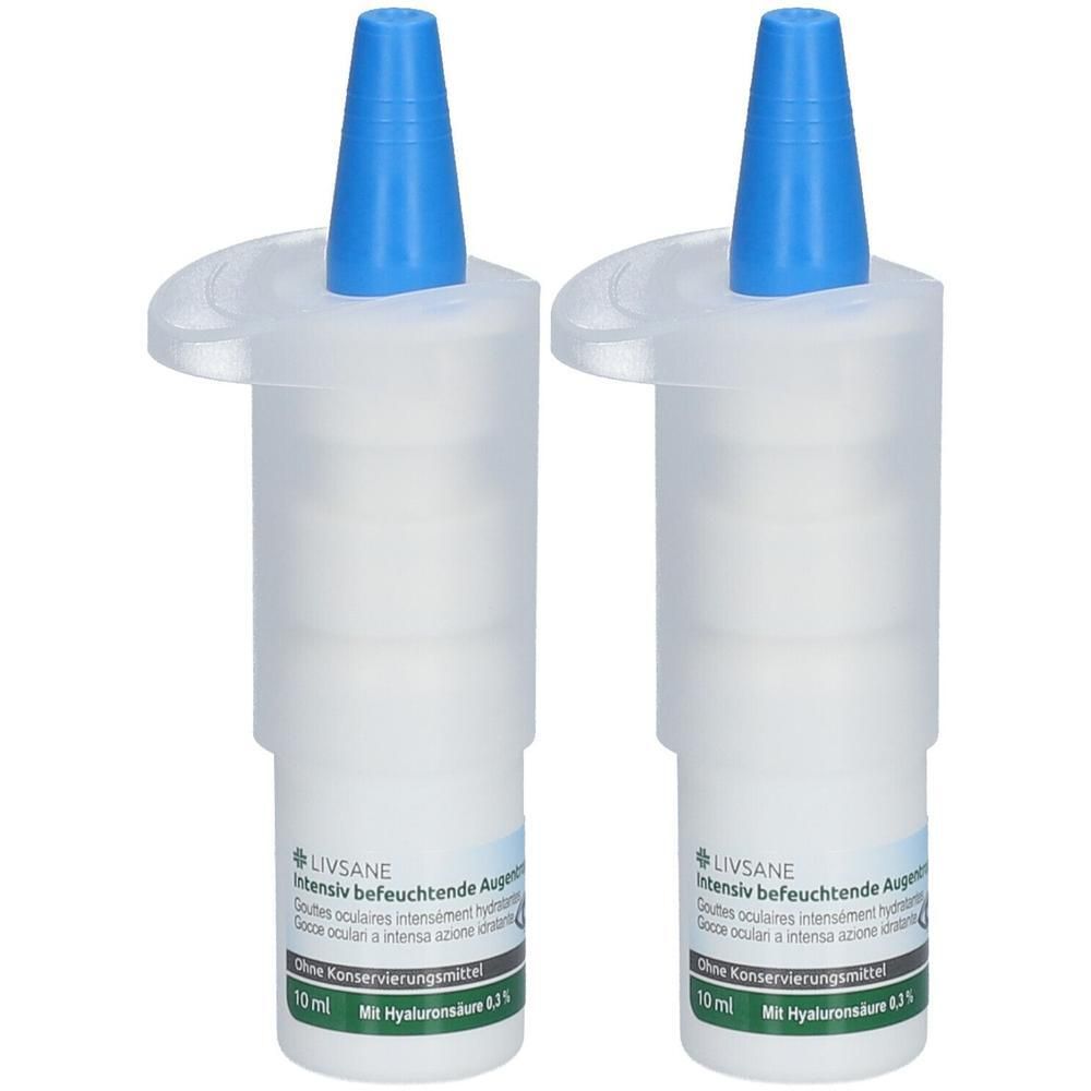 Zwei Fläschchen LIVSANE Augentropfen mit blauen Applikatoren. Jedes Fläschchen enthält 10 ml.