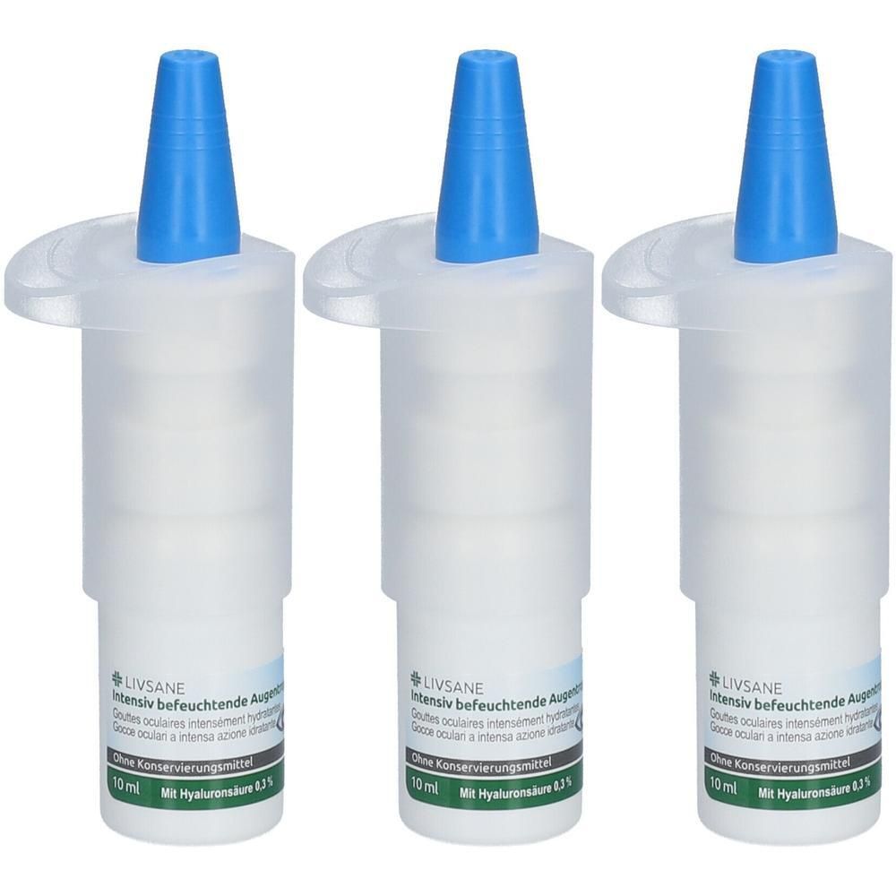 Drei Fläschchen LIVSANE Augentropfen mit blauem Applikator. Jedes Fläschchen enthält 10 ml.