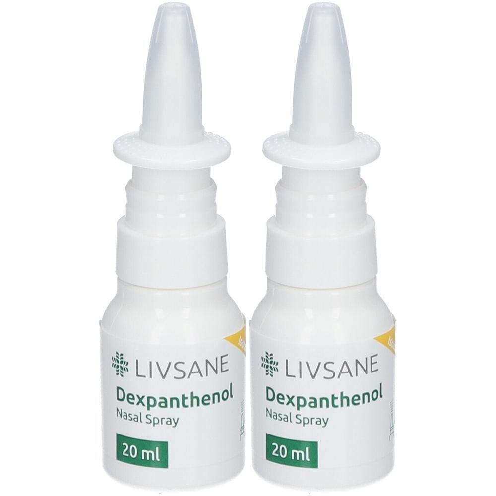 Zwei weiße Nasenspray-Flaschen mit je 20 ml Inhalt. Marke: LIVSANE, Wirkstoff: Dexpanthenol.