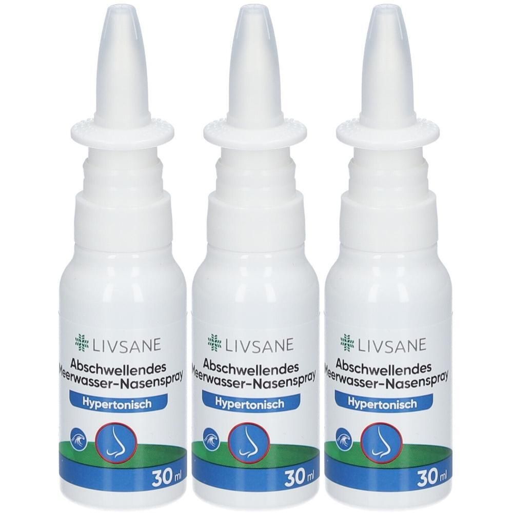 Drei weiße Nasenspray-Flaschen mit blauem Etikett, das LIVSANE und 'Abschwellendes Meerwasser-Nasenspray' zeigt. 30ml.