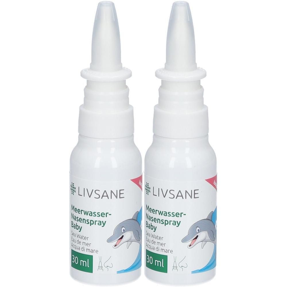 Zwei weiße Flaschen mit Sprühaufsatz. Aufschrift: LIVSANE Meerwasser-Nasenspray Baby. 30 ml. Abbildung eines Delfins.