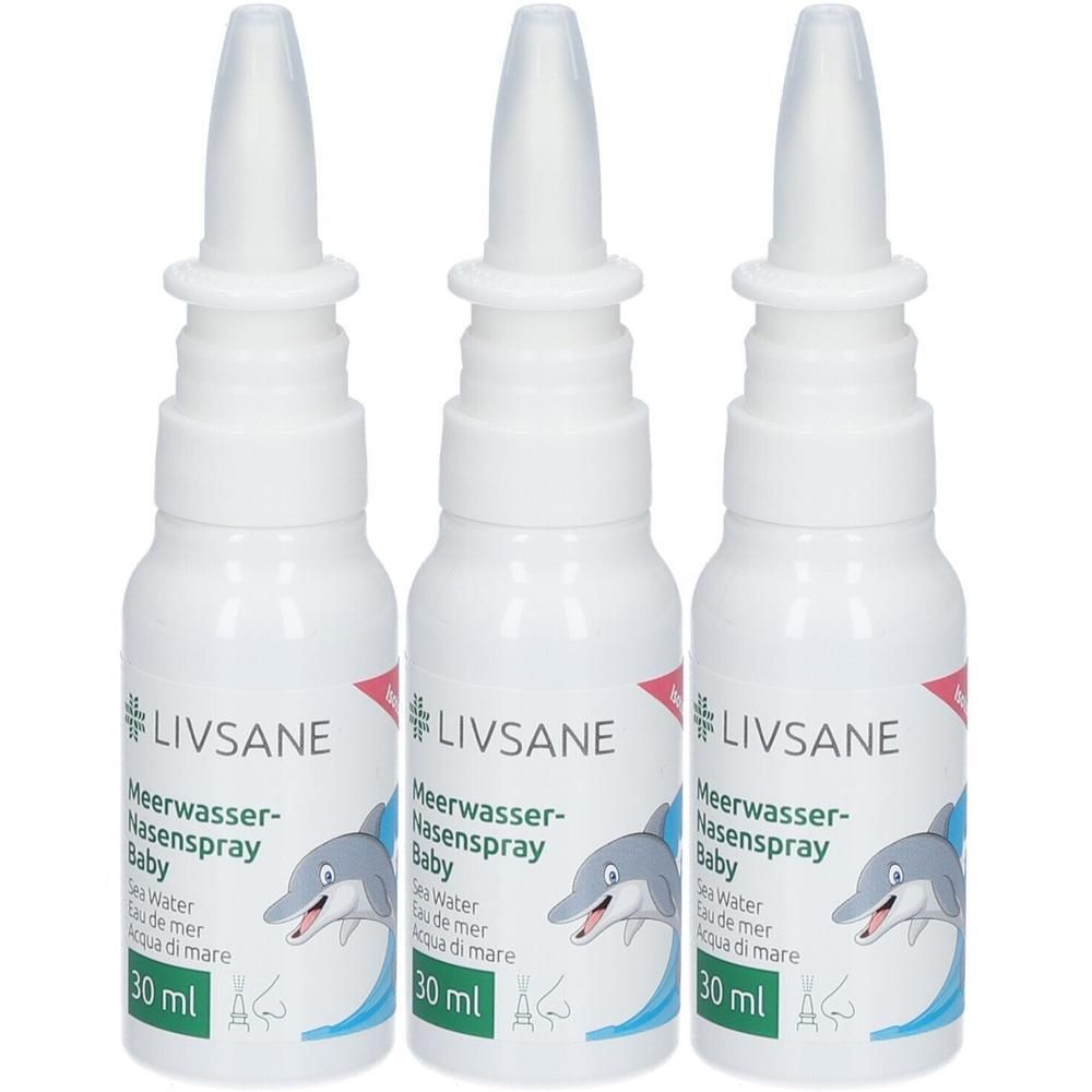 Drei weiße Flaschen mit Nasenspray-Aufsatz. Auf jeder Flasche steht "LIVSANE Meerwasser-Nasenspray Baby" und ein Delfin-Motiv. 30 ml.