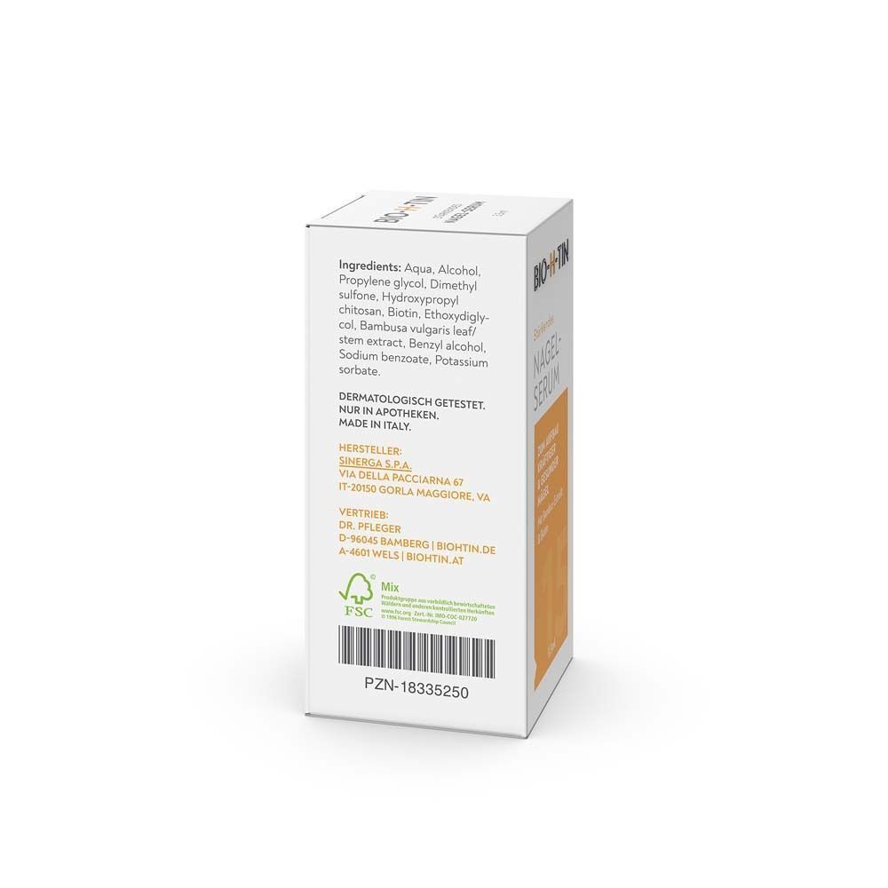 Rückseite der Schachtel BIO-H-TIN® Nagelserum mit Inhaltsstoffen und Herstellerangaben.